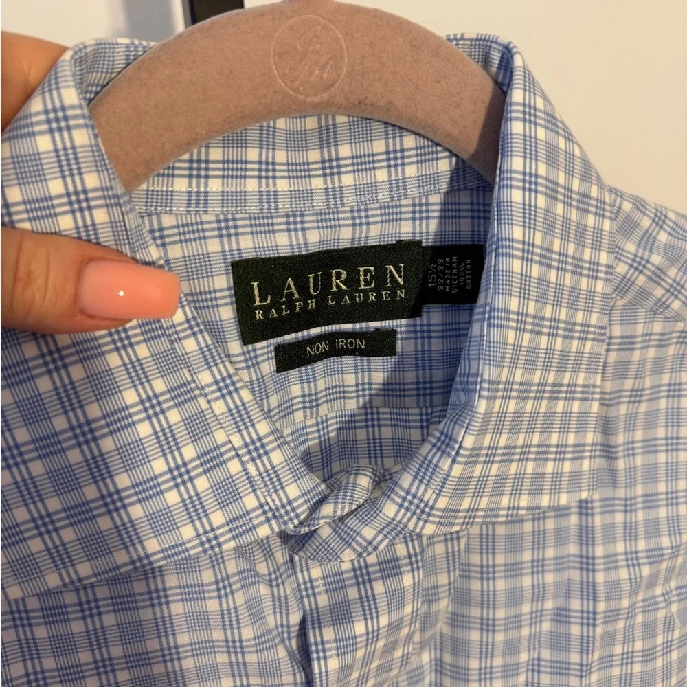 Vintage Lauren Ralph Lauren Men’s Blue and White Checkered Shirt - Picture 3 of 4